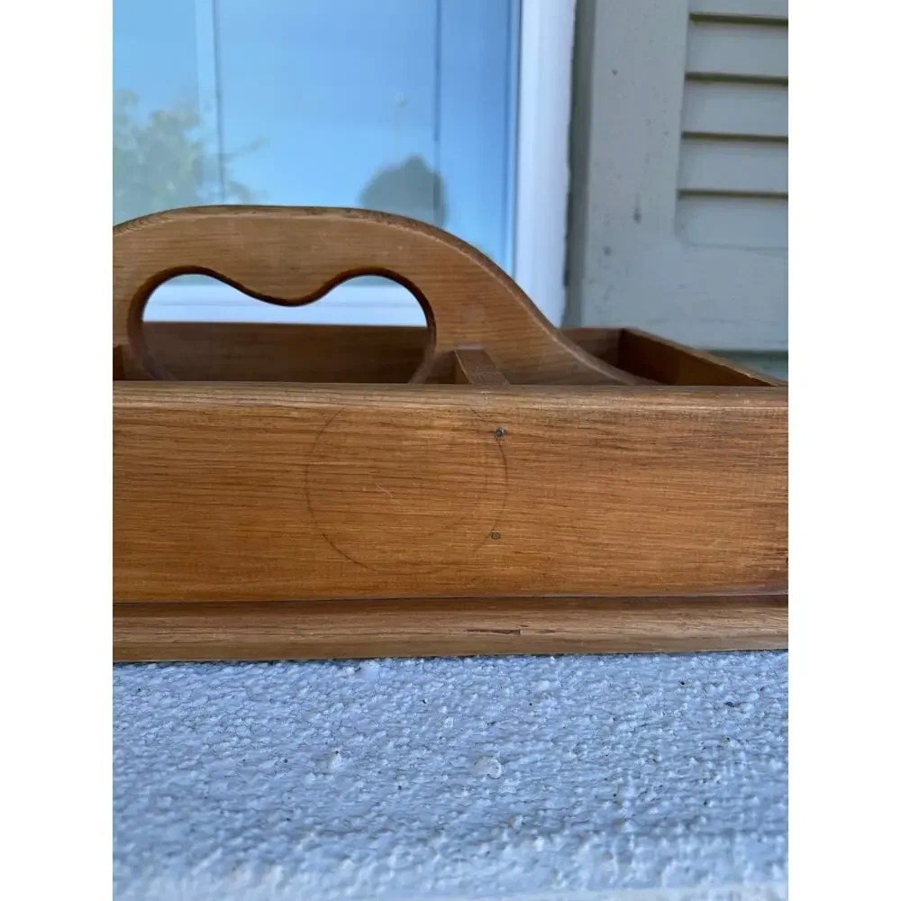 vintage country primitive wooden storage caddy with heart cutout handle 80s 90s